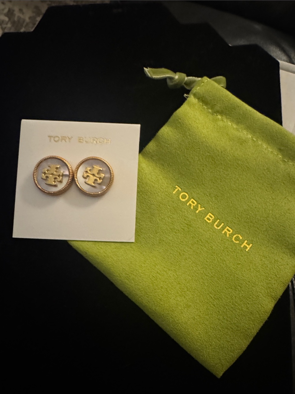 Tory Burch Gold and White Logo Round Stud Earrings